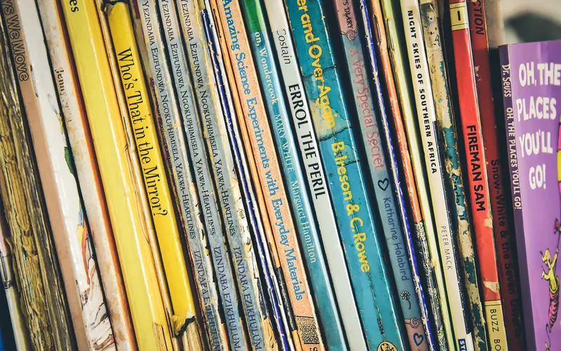 Row of colourful book spines on a shelf