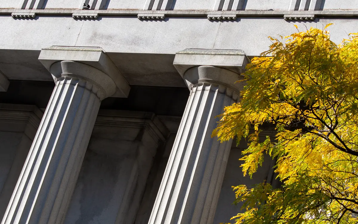 Stone columns of a classical building seen from below