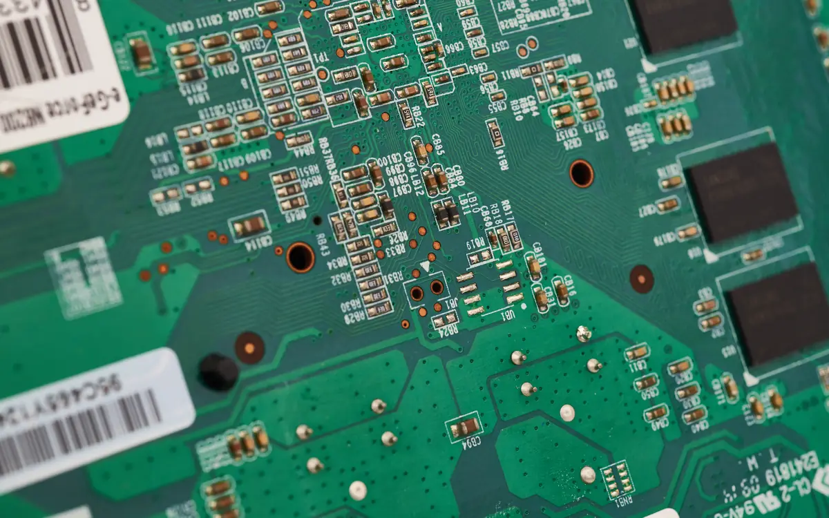 Close-up of a green computer circuit board