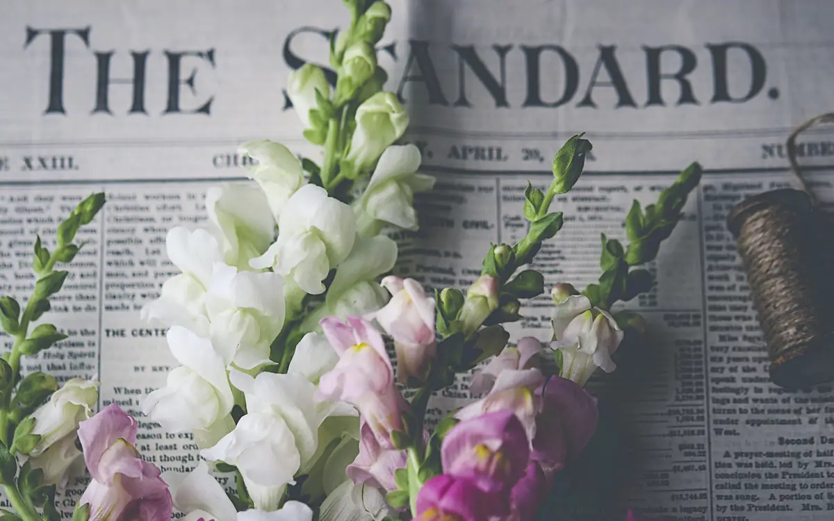 Bouquet of pink flowers lying on a printed newspaper