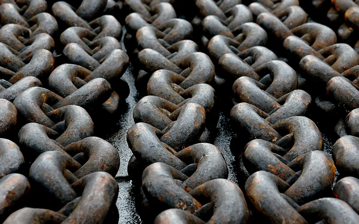 Close-up of heavy interlocking metal chain links